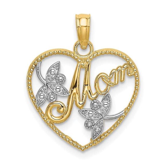 14k Yellow Gold w/ Rhodium Textured Heart w/ MOM Charm